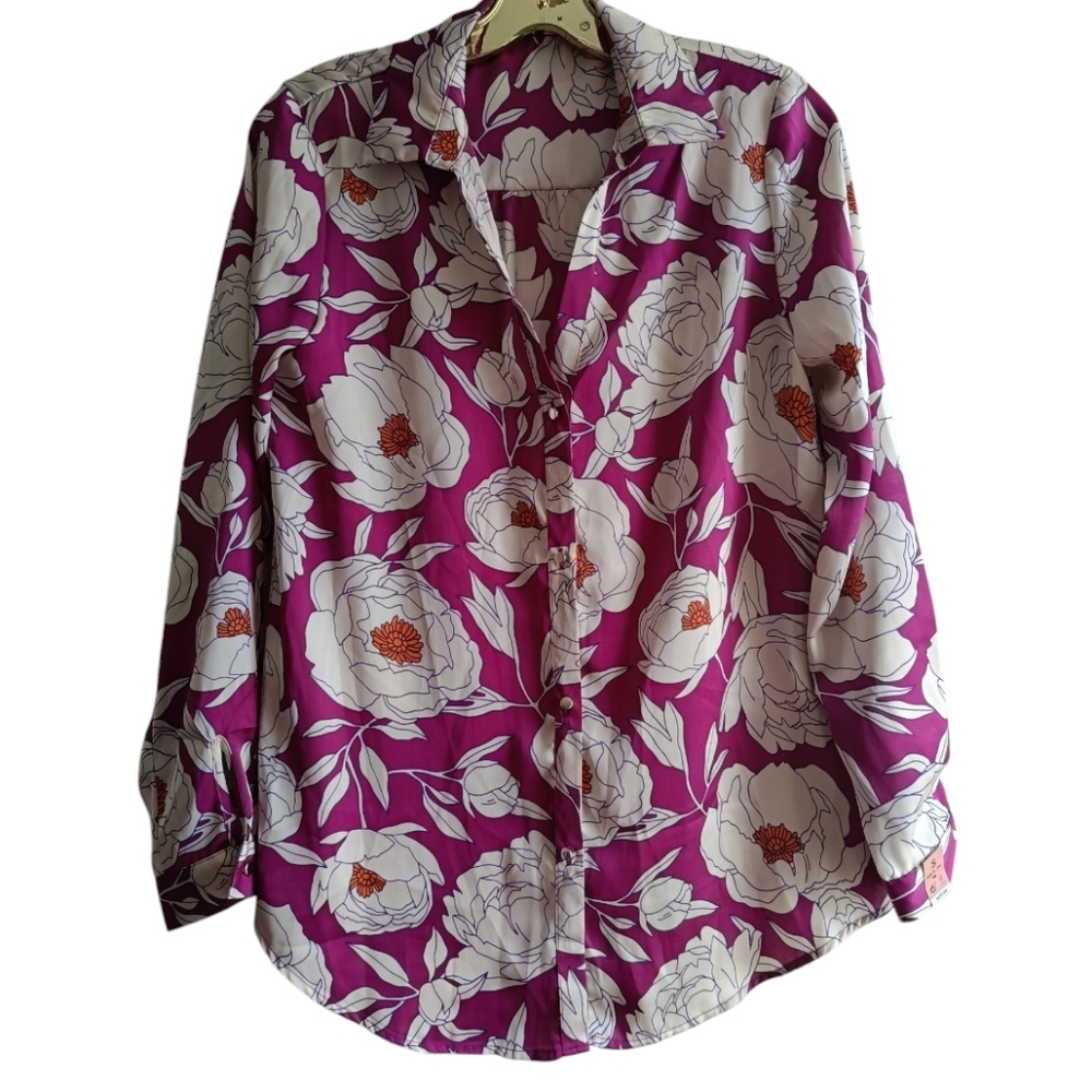 S💜 Floral Button-Up Silky Shirt - Picture 3 of 9